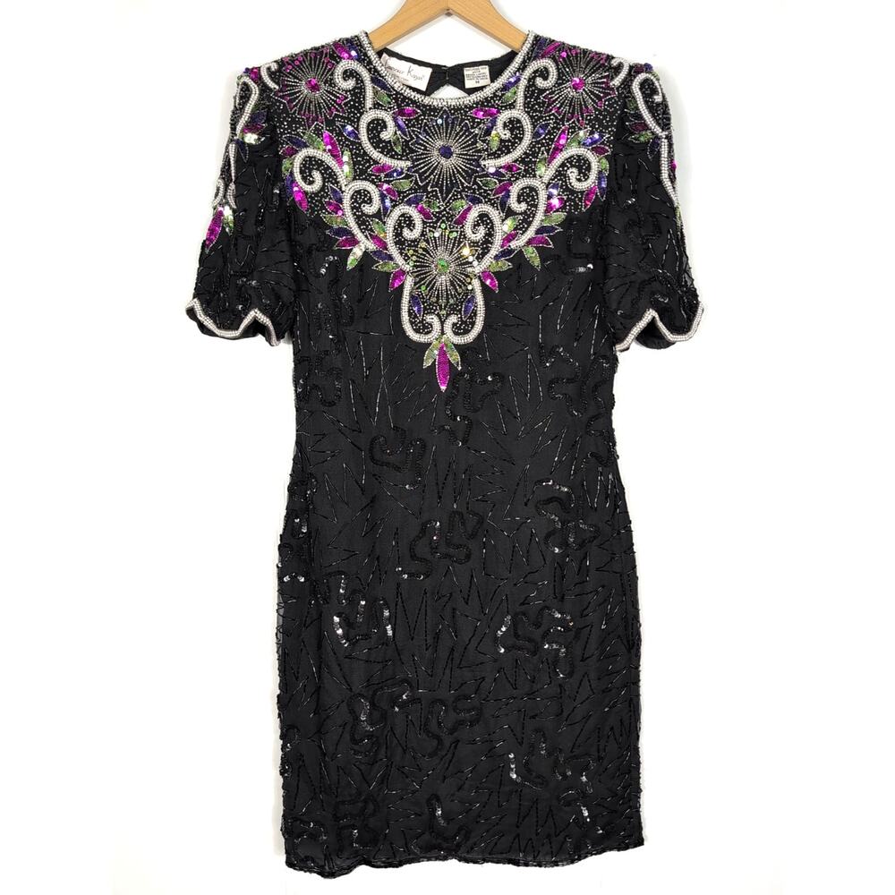 Vintage Laurence Kazar Dress Women's M – Black Silk Beaded Sequin Party Cocktail